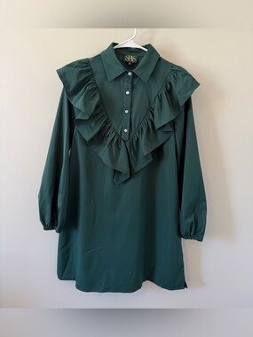 SSYS The Label Mini Dress Ruffles Dark Green Long Sleeve Size Small